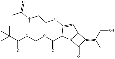 3-[(2-乙酰氨基)乙基-硫]-6-(2-羟基-1-甲基亚乙基)-7-氧代-1-氮杂二环[3.2.0]-3-庚烯-2-甲酸(2,2-二甲基-1-氧代-丙氧基)甲基酯 结构式