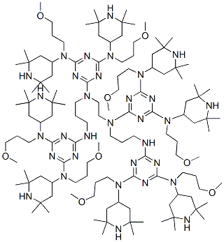 1,3,5-Triazine-2,4,6-triamine, N,N'''-1,2-ethanediylbis[N-[3-[[4,6-bis[(3-methoxypropyl)(2,2,6,6-tetramethyl-4-piperidinyl)amino]-1,3,5-triazin-2-yl]amino]propyl]-N',N''-bis(3-methoxypropyl)-N',N''-bis(2,2,6,6-tetramethyl-4-piperidinyl)-,85099-18-9,结构式
