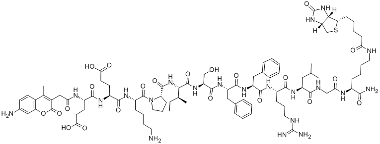 (7-AMINO-4-METHYLCOUMARIN-3-YL)ACETYL-GLU-GLU-LYS-PRO-ILE-SER-PHE-PHE-ARG-LEU-GLY-LYS(BIOTINYL)-NH2 结构式