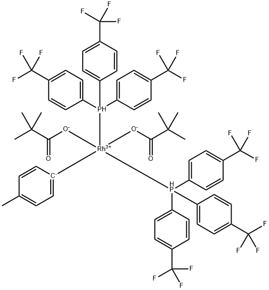 Bis(2,2-dimethylpropanoato)(4-methylphenyl)bis[tris[4-(trifluoromethyl)phenyl]phosphine]rhodium Struktur