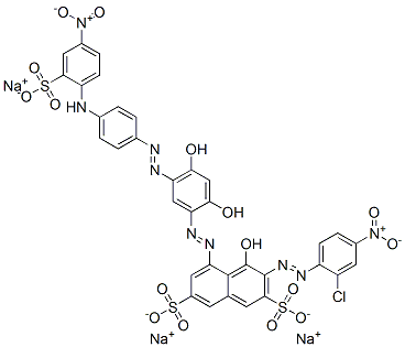 3-[(2-氯-4-硝基苯基)偶氮]-5-[[2,4-二羟基-5-[[4-[(4-硝基-2-磺苯基)氨基]苯基]偶氮]苯基]偶氮]-4-羟基-2,7-萘二磺酸三钠盐,85391-42-0,结构式