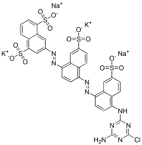 3-[[4-[[4-[(4-アミノ-6-クロロ-1,3,5-トリアジン-2-イル)アミノ]-7-スルホ-1-ナフタレニル]アゾ]-7-スルホ-1-ナフタレニル]アゾ]-1,5-ナフタレンジスルホン酸/カリウム/ナトリウム,(1:x:x) 化学構造式