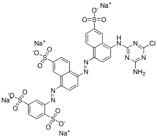 2-[[4-[[4-[(4-アミノ-6-クロロ-1,3,5-トリアジン-2-イル)アミノ]-6-(ソジオオキシスルホニル)-1-ナフタレニル]アゾ]-7-(ソジオオキシスルホニル)-1-ナフタレニル]アゾ]-1,4-ベンゼンジスルホン酸ジナトリウム 化学構造式
