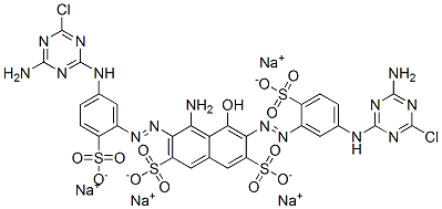 4-アミノ-3,6-ビス[[5-[(4-アミノ-6-クロロ-1,3,5-トリアジン-2-イル)アミノ]-2-(ソジオオキシスルホニル)フェニル]アゾ]-5-ヒドロキシ-2,7-ナフタレンジスルホン酸ジナトリウム 化学構造式