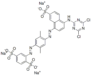 trisodium 2-[[4-[[4-[(4,6-dichloro-1,3,5-triazin-2-yl)amino]-7-sulphonato-1-naphthyl]azo]-2,5-dimethylphenyl]azo]benzene-1,4-disulphonate Structure