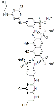 2,7-Naphthalenedisulfonic acid, 4-amino-3,6-bis[[5-[[4-chloro- 6-[(2-hydroxyethyl)amino]-1,3,5-triazin-2-yl ]amino]-2-sulfophenyl]azo]-5-hydroxy-, tetrasodium salt Struktur