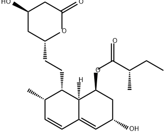 (1S)-1β-[2-[[(2R,4R)-3,4,5,6-テトラヒドロ-4β-ヒドロキシ-6-オキソ-2H-ピラン]-2-イル]エチル]-1,2,6,7,8,8aβ-ヘキサヒドロ-2β-メチル-8α-[[(S)-2-メチル-1-オキソブチル]オキシ]ナフタレン-6β-オール 化学構造式