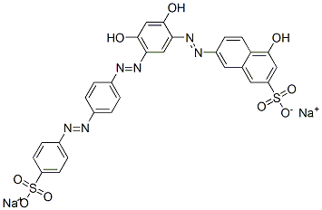 disodium 7-[[2,4-dihydroxy-5-[[4-[(4-sulphonatophenyl)azo]phenyl]azo]phenyl]azo]-4-hydroxynaphthalene-2-sulphonate Struktur