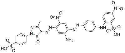 2-[[4-[[2-amino-4-[[4,5-dihydro-3-methyl-5-oxo-1-(4-sulphophenyl)-1H-pyrazol-4-yl]azo]-5-nitrophenyl]azo]phenyl]amino]-5-nitrobenzenesulphonic acid Structure