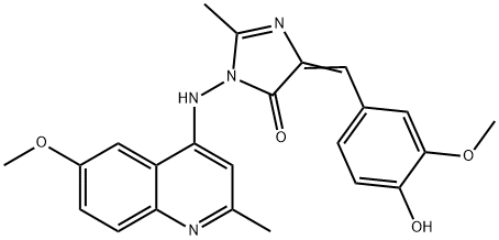 4H-Imidazol-4-one, 3,5-dihydro-5-((4-hydroxy-3-methoxyphenyl)methylene )-3-((6-methoxy-2-2-methyl-4-quinolinyl)amino)-2-methyl- 化学構造式