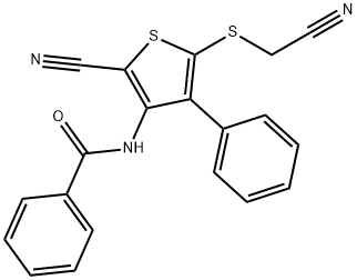N-{2-cyano-5-[(cyanomethyl)sulfanyl]-4-phenyl-3-thienyl}benzenecarboxamide Struktur