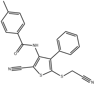 N-{2-cyano-5-[(cyanomethyl)sulfanyl]-4-phenyl-3-thienyl}-4-methylbenzenecarboxamide 结构式