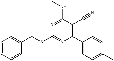 2-(benzylsulfanyl)-4-(methylamino)-6-(4-methylphenyl)-5-pyrimidinecarbonitrile 化学構造式