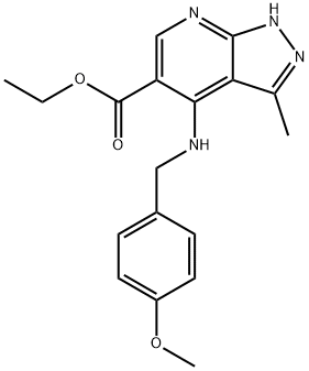 ethyl 4-[(4-methoxybenzyl)amino]-3-methyl-1H-pyrazolo[3,4-b]pyridine-5-carboxylate Struktur