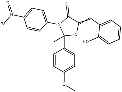 4-Thiazolidinone, 5-((2-hydroxyphenyl)methylene)-2-(4-methoxyphenyl)-2 -methyl-3-(4-nitrophenyl)- 化学構造式