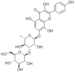 7-[3-O-(β-D-グルコピラノシル)-α-L-ラムノピラノシルオキシ]-3,5,8-トリヒドロキシ-2-(4-ヒドロキシフェニル)-4H-1-ベンゾピラン-4-オン 化学構造式