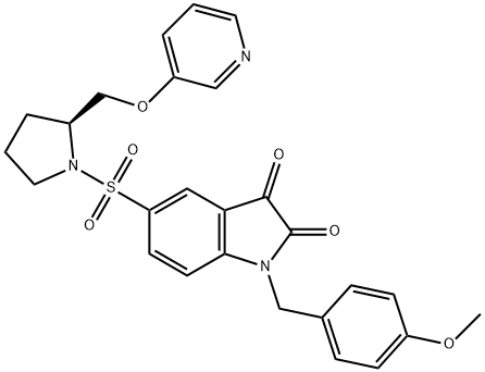 1-(4-Methyoxybenzyl)-5-(2-(pyridin-3-yl-oxymethyl)-pyrrolidine-1-sulfonyl)-1H-indole-2,3-dione 化学構造式
