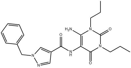 1H-Pyrazole-4-carboxamide,  N-(6-amino-1,2,3,4-tetrahydro-2,4-dioxo-1,3-dipropyl-5-pyrimidinyl)-1-(phenylmethyl)- 结构式
