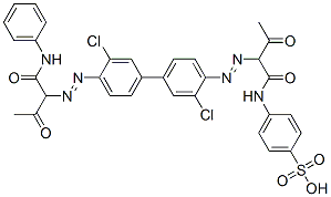 Benzenesulfonic acid,4-[[2-[[3,3'-dichloro-4'-[[2-oxo-1-[(phenylamino)carbonyl]propyl]azo][1,1'-biphenyl]-4-yl]azo]-1,3-dioxobutyl]amino]- 化学構造式