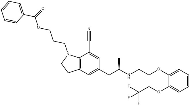 1-[3-(Benzoyloxy)propyl]-2,3-dihydro-5-[(2R)-2-[[2-[2-(2,2,2-trifluoroethoxy)phenoxy]ethyl]amino]propyl]-1H-indole-7-carbonitrile Struktur