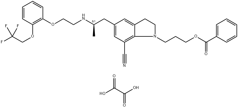 1-[3-(苯甲酰氧基)丙基]-2,3-二氢-5-[(2R)-2-[[2-[2-(2,2,2-三氟乙氧基)苯氧基]乙基]氨基]丙基]-1H-吲哚-7-甲腈乙二酸盐 结构式