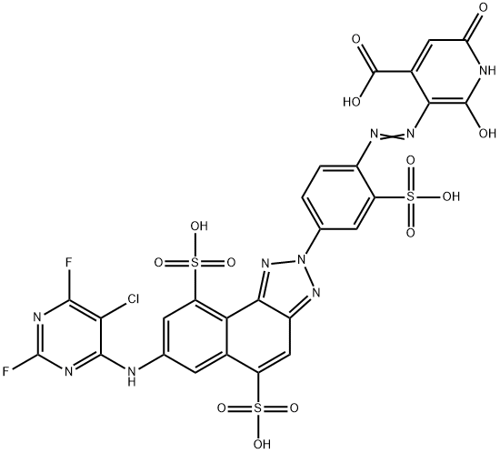 3-[[4-[7-[(5-Chloro-2,6-difluoro-4-pyrimidinyl)amino]-5,9-disulfo-2H-naphtho[1,2-d]triazol-2-yl]-2-sulfophenyl]azo]-1,2-dihydro-6-hydroxy-2-oxo-4-pyridinecarboxylic acid 结构式