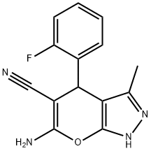 6-氨基-4-(2-氟苯基)-3-甲基-2,4-二氢吡喃并[2,3-C]吡唑-5-甲腈, 89607-35-2, 结构式