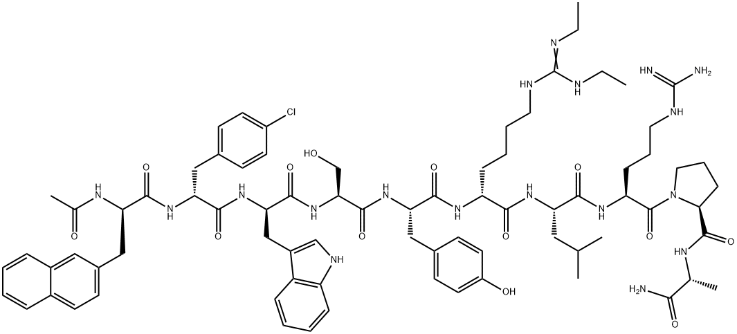 Ac-3-(2-ナフタレニル)-D-Ala-4-クロロ-D-Phe-D-Trp-L-Ser-L-Tyr-N6-[ビス(エチルアミノ)メチレン]-D-Lys-L-Leu-L-Arg-L-Pro-D-Ala-NH2 化学構造式