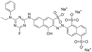 2-[[6-[[4-(エチルフェニルアミノ)-6-フルオロ-1,3,5-トリアジン-2-イル]アミノ]-1-ヒドロキシ-3-ソジオオキシスルホニル-2-ナフチル]アゾ]-1,5-ナフタレンジスルホン酸ジナトリウム 化学構造式