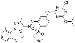 sodium 4-[[4-chloro-6-isopropoxy-1,3,5-triazin-2-yl]amino]-2-[[1-(2-chloro-6-methylphenyl)-4,5-dihydro-3-methyl-5-oxo-1H-pyrazol-4-yl]azo]benzenesulphonate Struktur