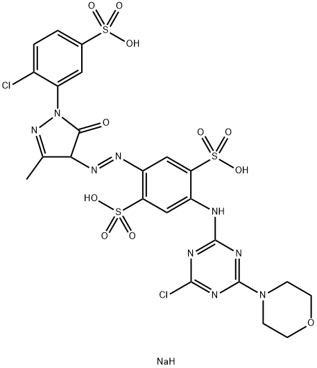 trisodium 2-[[4-chloro-6-morpholino-1,3,5-triazin-2-yl]amino]-5-[[1-(2-chloro-5-sulphonatophenyl)-4,5-dihydro-3-methyl-5-oxo-1H-pyrazol-4-yl]azo]benzene-1,4-disulphonate Struktur