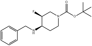 1-Piperidinecarboxylic acid, 3-fluoro-4-[(phenyl-methyl)amino]- (3S,4R)- 1,1-dimethylethyl est Struktur