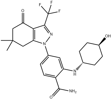 4-(6,6-dimethyl-4-oxo-3-(trifluoromethyl)-4,5,6,7-tetrahydro-1H-indazol-1-yl)-2-((1r,4r)-4-hydroxycyclohexylamino)benzamide Struktur