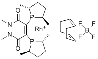 (-)-4,5-Bis[(2R,5R)-2,5-dimethylphospholano]-1,2-dihydro-1,2-dimethyl-3,6-pyridazinedione(1,5-cyclooctadiene)rhodium(I) tetrafluoroborate Struktur