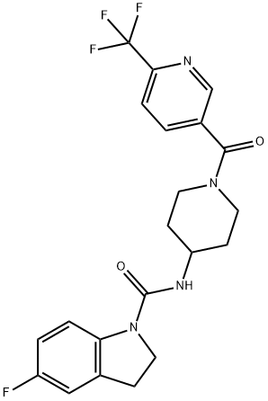 5-FLUORO-N-(1-([6-(TRIFLUOROMETHYL)PYRIDIN-3-YL]CARBONYL)PIPERIDIN-4-YL)INDOLINE-1-CARBOXAMIDE,909662-07-3,结构式