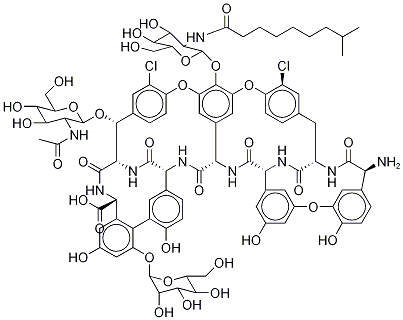 Ristomycin A aglycone, 34-O-2-(acetylamino)-2-deoxy-.beta.-D-glucopyranosyl-22,31-dichloro-7-demethyl-64-O-demethyl-19-deoxy-56-O-2-deoxy-2-(8-methyl-1-oxononyl)amino-.beta.-D-glucopyranosyl-42-O-.alpha.-D-mannopyranosyl-