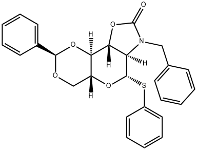 フェニル N-ベンジル-2-アミノ-4,6-O-ベンジリデン-2-N,3-O-カルボニル-2-デオキシ-1-チオ-β-D-グルコピラノシド 化学構造式