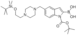 1H-Indole-1-carboxylic acid, 2-borono-5-[[4-[2-[[(1,1-dimethylethyl)dimethylsilyl]oxy]ethyl]-1-piperazinyl]methyl]-, 1-(1,1-dimethylethyl) ester 化学構造式