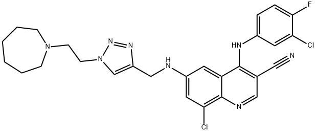 8-Chloro-4-[(3-chloro-4-fluorophenyl)amino]-6-[[[1-[2-(hexahydro-1H-azepin-1-yl)ethyl]-1H-1,2,3-triazol-4-yl]methyl]amino]-3-Quinolinecarbonitrile 化学構造式