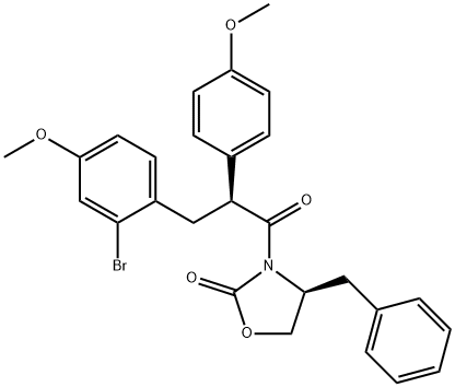 (S)-4-ベンジル-3-[(S)-3-(2-ブロモ-4-メトキシフェニル)-2-(4-メトキシフェニル)プロパノイル]-2-オキサゾリジノン 化学構造式