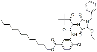 dodecyl 3-(2-(3-benzyl-4-ethoxy-2,5-dioxoimidazolidin-1-yl)-4,4-dimethyl-3-oxovaleramido)-4-chlorobenzoate 结构式