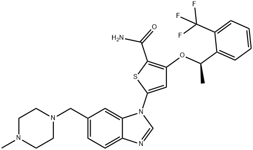 5-[6-[(4-メチル-1-ピペラジニル)メチル]-1H-ベンズイミダゾール-1-イル]-3-[(1R)-1-[2-(トリフルオロメチル)フェニル]エトキシ]-2-チオフェンカルボキサミド 化学構造式