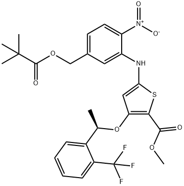 (R)-Methyl 5-(2-nitro-5-(pivaloyloxyMethyl)phenylaMino)-3-(1-(2-(trifluoroMethyl)phenyl)ethoxy)thiophene-2-carboxylate 化学構造式