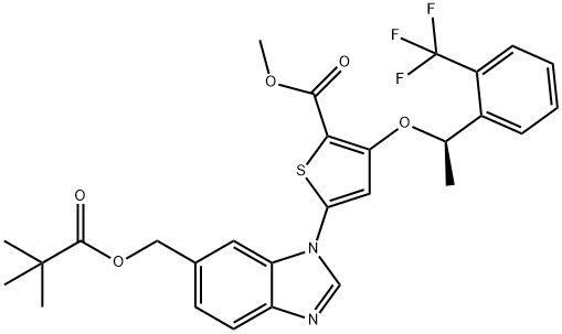 (R)-Methyl 5-(6-(pivaloyloxyMethyl)-1H-benzo[d]iMidazol-1-yl)-3-(1-(2-(trifluoroMethyl)phenyl)ethoxy)thiophene-2-carboxylate 化学構造式