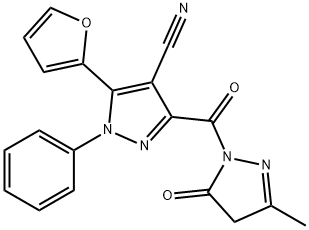 1H-Pyrazole-4-carbonitrile,  3-[(4,5-dihydro-3-methyl-5-oxo-1H-pyrazol-1-yl)carbonyl]-5-(2-furanyl)-1-phenyl-,933065-57-7,结构式