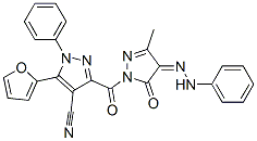 1H-Pyrazole-4-carbonitrile,  3-[[4,5-dihydro-3-methyl-5-oxo-4-(2-phenylhydrazinylidene)-1H-pyrazol-1-yl]carbonyl]-5-(2-furanyl)-1-phenyl- 结构式