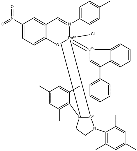 [1,3‐ビス(2,4,6‐トリメチルフェニル)‐2‐イミダゾリジニリデン][2‐[[(4‐メチルフェニル)イミノ]メチル]‐4‐ニトロフェノリル]‐[3‐フェニル‐1H‐インデン‐1‐イリデン](クロロ)ルテニウム(II) 化学構造式