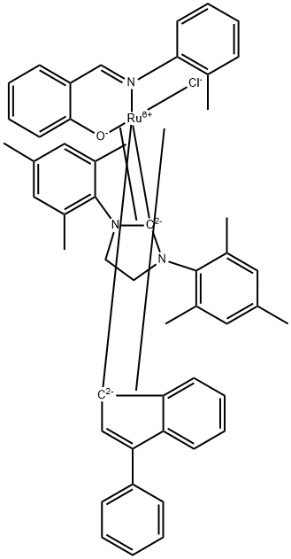 [1,3‐ビス(2,4,6‐トリメチルフェニル)‐2‐イミダゾリジニリデン]‐[2‐[[(2‐メチルフェニル)イミノ]メチル]‐[3‐フェニル‐1H‐インデン‐1‐イリデン](クロロ)ルテニウム(II) 化学構造式