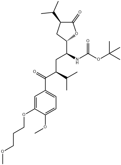 CarbaMic acid, N-[(1S,3S)-3-[4-Methoxy-3-(3-Methoxypropoxy)benzoyl]-4-Methyl-1-[(2S,4S)-tetrahydro-4-(1-Methylethyl)-5-oxo-2-furanyl]pentyl]-, 1,1-diMethylethyl ester Structure