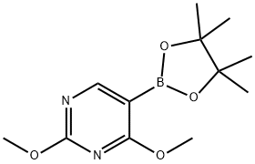 2,6-ジメトキシ-5-(4,4,5,5-テトラメチル-1,3,2-ジオキサボロラン-2-イル)ピリミジン 化学構造式